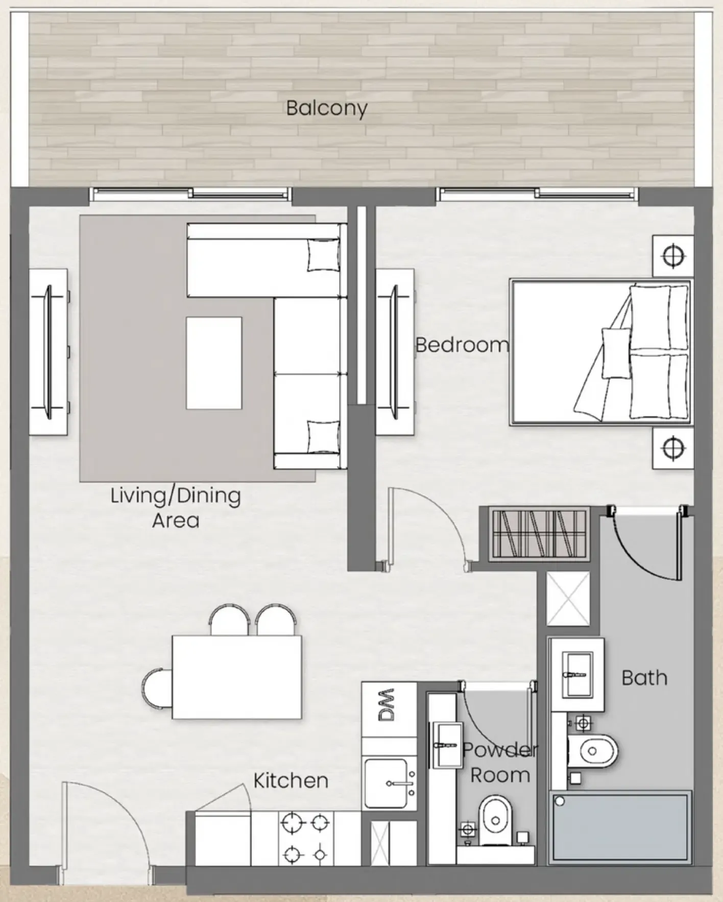 Beverly Park 1 bed floor plan, 741 sqft