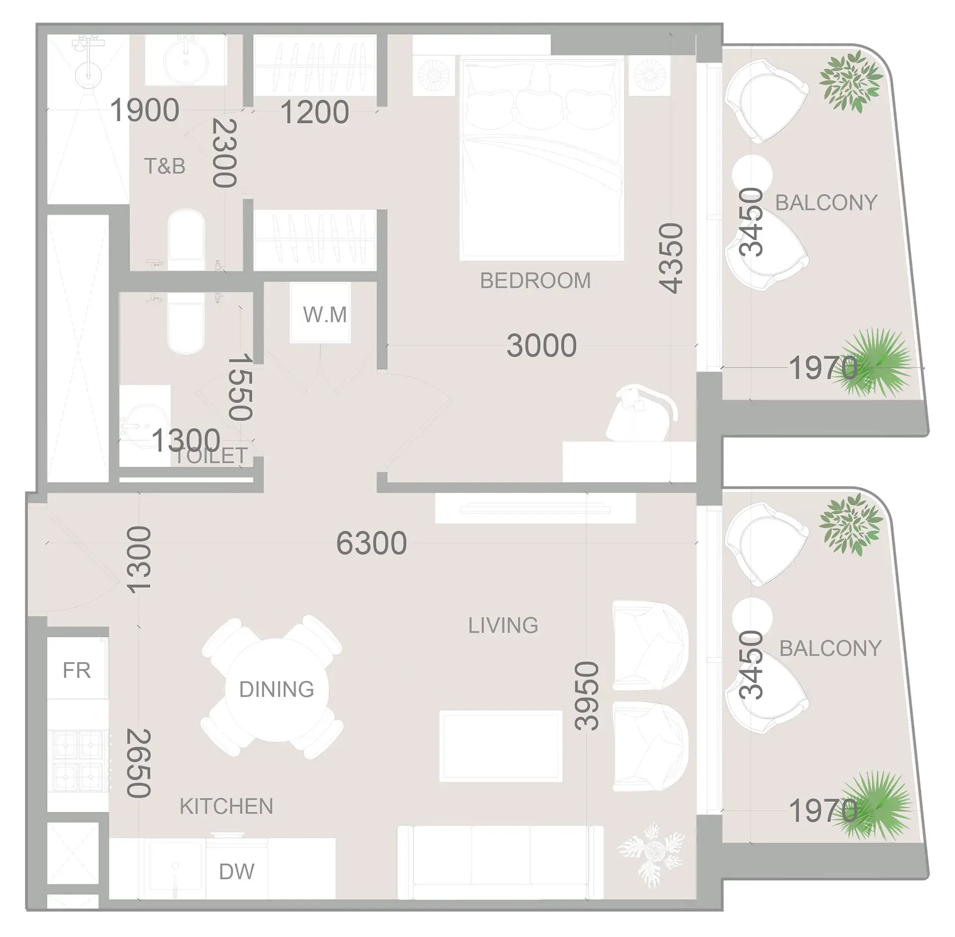 ELAR1S Sky 1 bed floor plan, 719 sqft