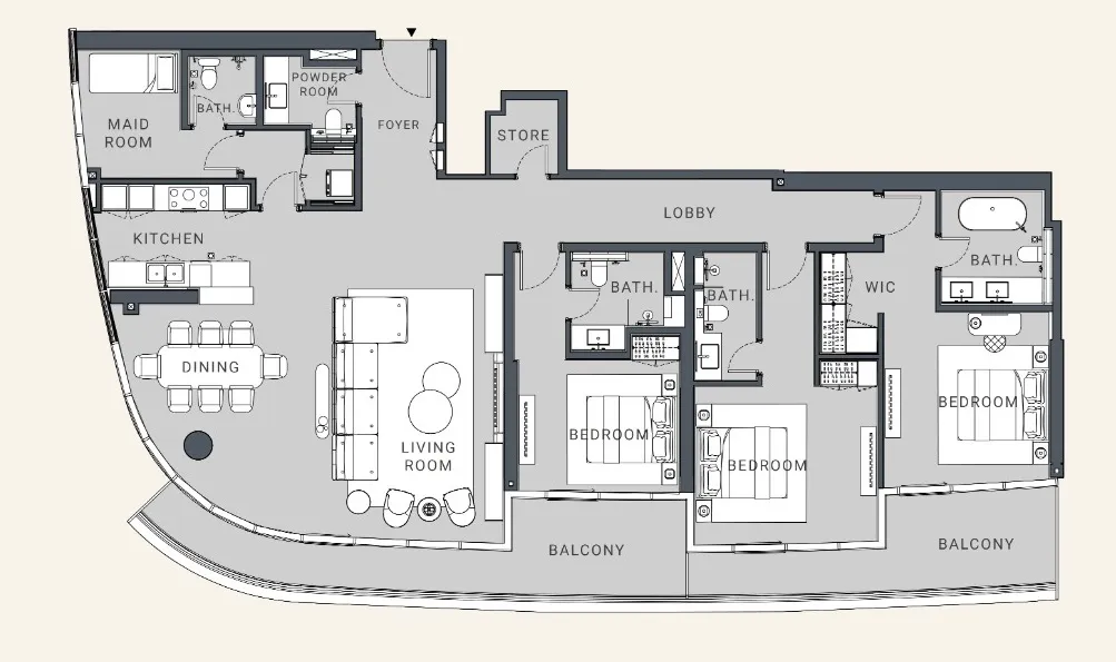 Danah Bay 3 bed floor plan, 2,388 sqft