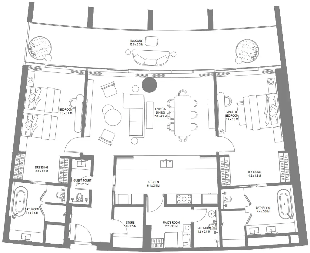 Anantara Sharjah Resort 2 bed floor plan, 2,329 sqft