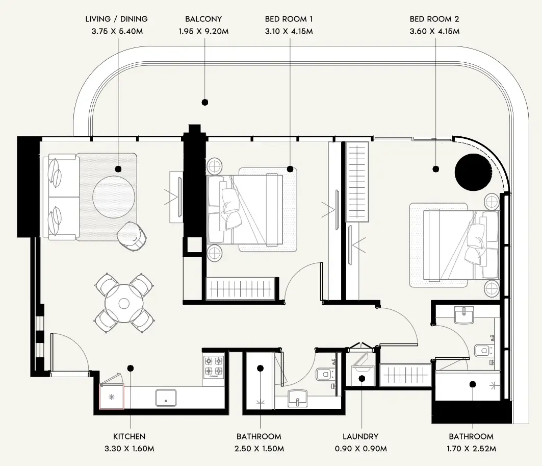 Azizi Milan 2 bed floor plan, 1,122 sqft
