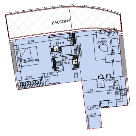 Binghatti Aquarise 1 bed floor plan, 881 sqft