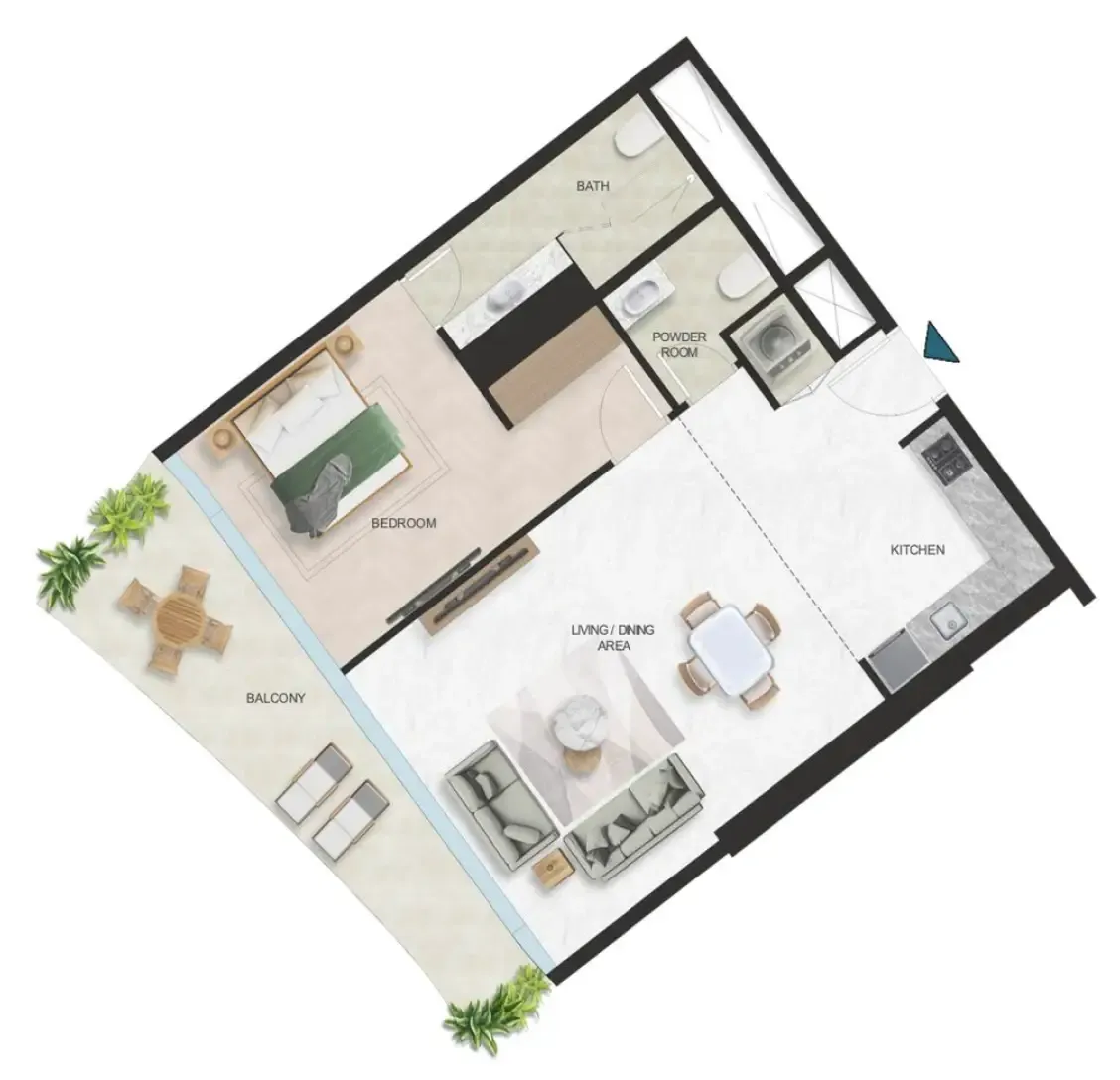 Oystra 1 bed floor plan, 910 sqft