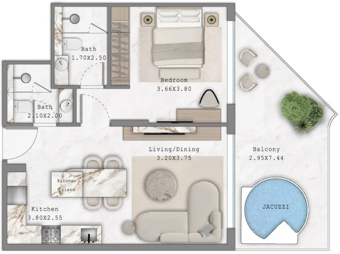 Aark Terraces 1 bed floor plan, 784 sqft