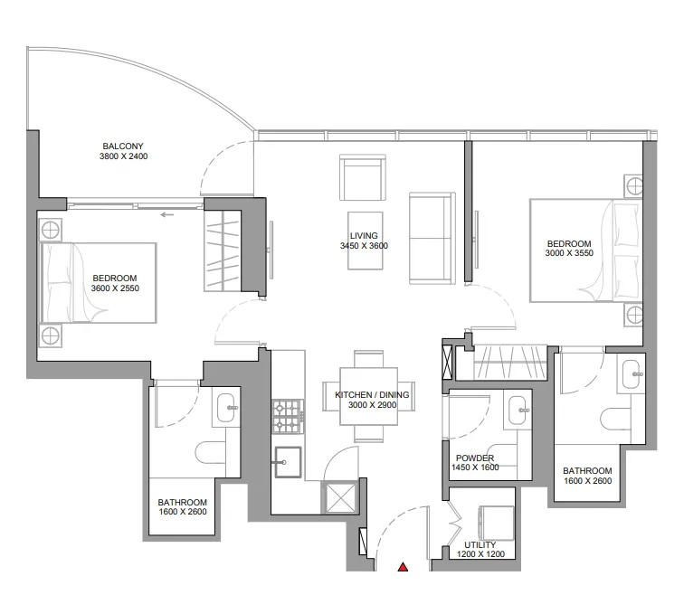Sobha Aquamont 2 bed floor plan, 802 sqft