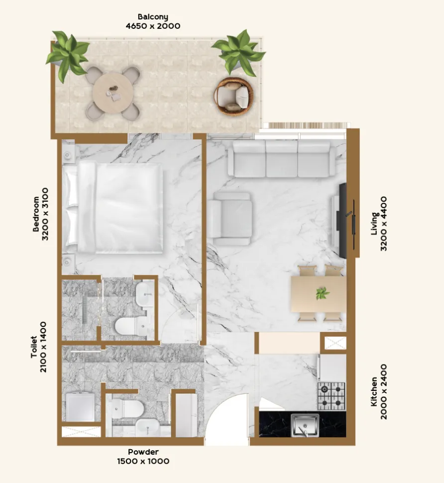 RR Residence 1 bed floor plan, 613 sqft