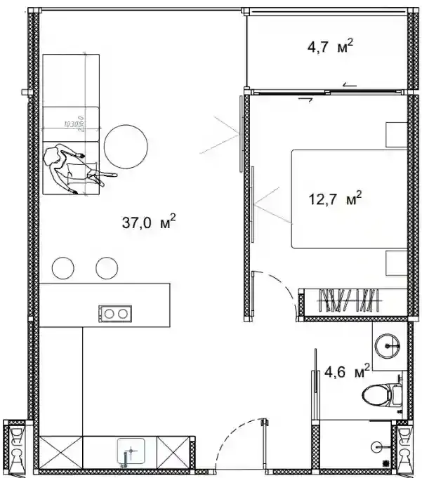 Sun Hills Lakeside 1 bed floor plan, 646 sqft