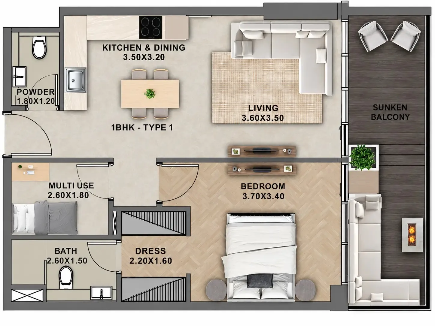 Reef 999 1 bed floor plan, 793 sqft