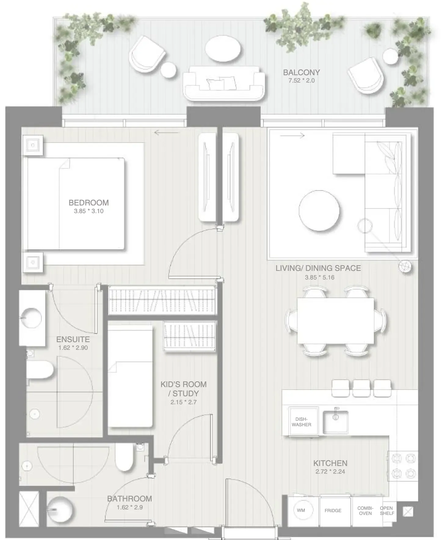 Sol Levante 1 bed floor plan, 856 sqft