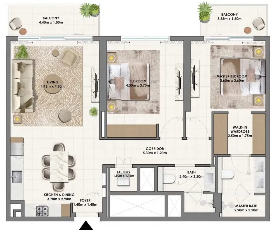 Parkwood Emaar 2 bed floor plan, 1,233 sqft
