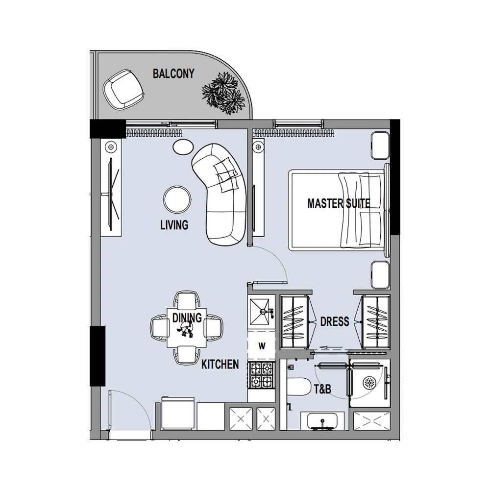 Verso 1 bed floor plan, 523 sqft
