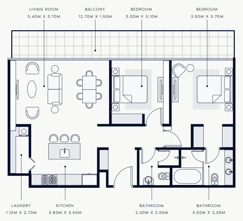Riviera Rêve 2 bed floor plan, 1,243 sqft