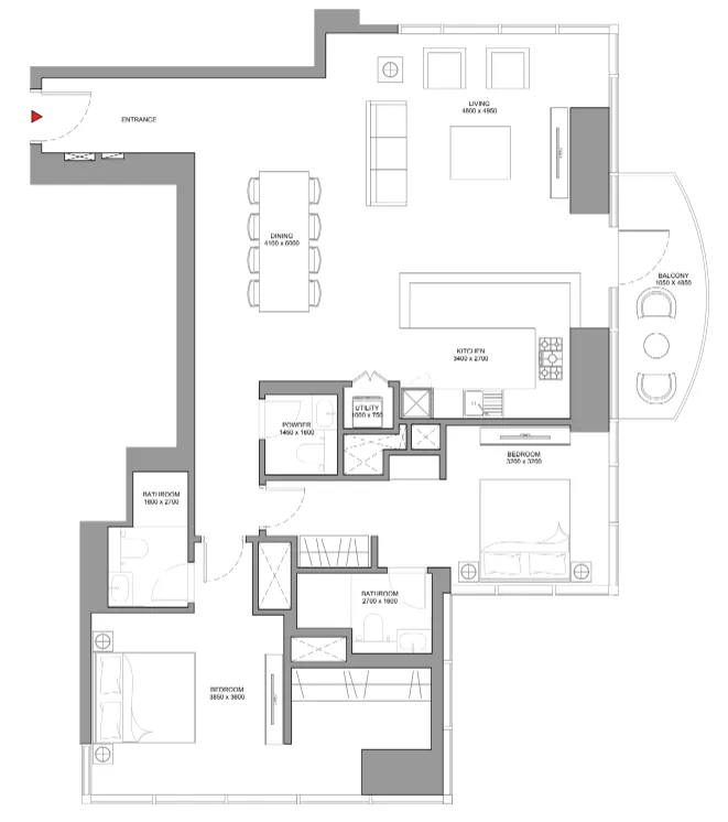 Skyscape 2 bed floor plan, 1,528 sqft
