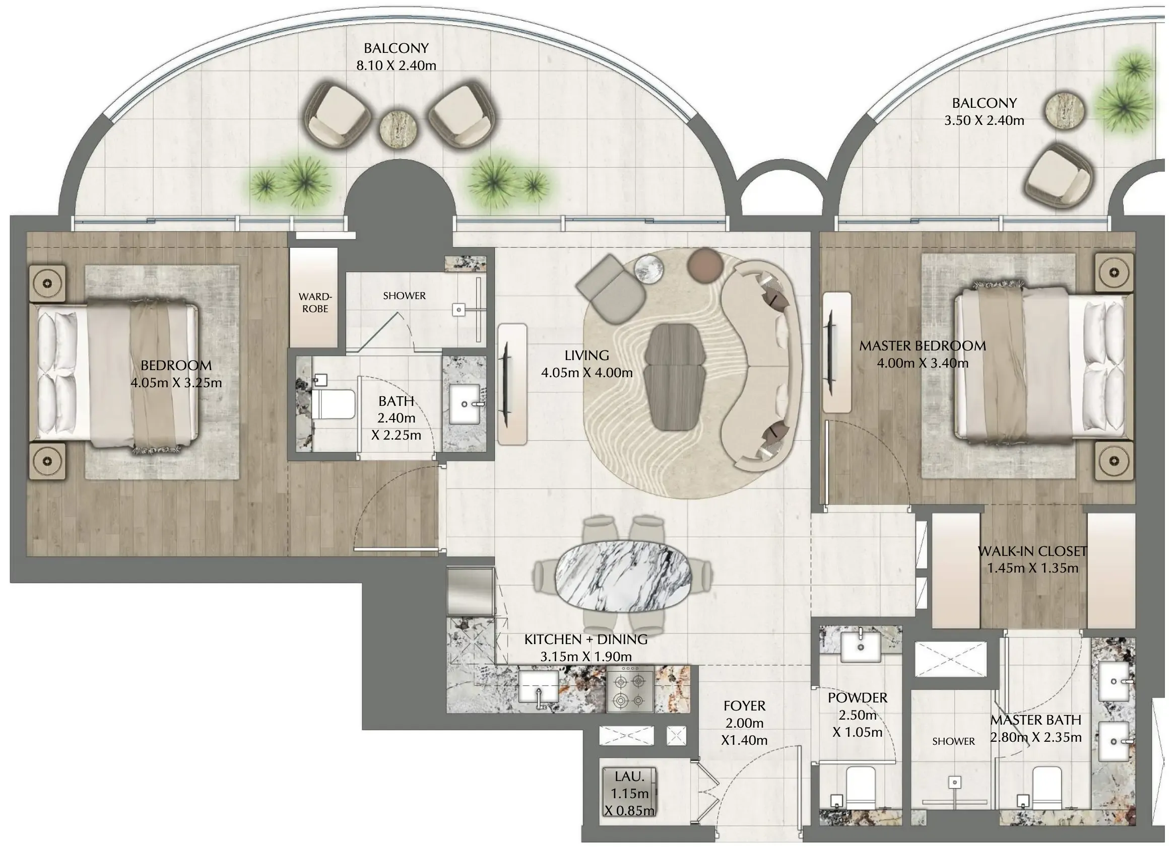 One Residence 2 bed floor plan, 1,220 sqft