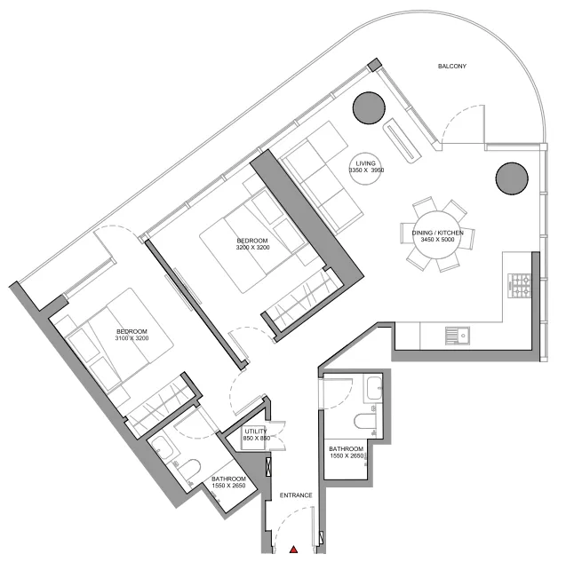 Sobha Solis 2 bed floor plan, 1,130 sqft