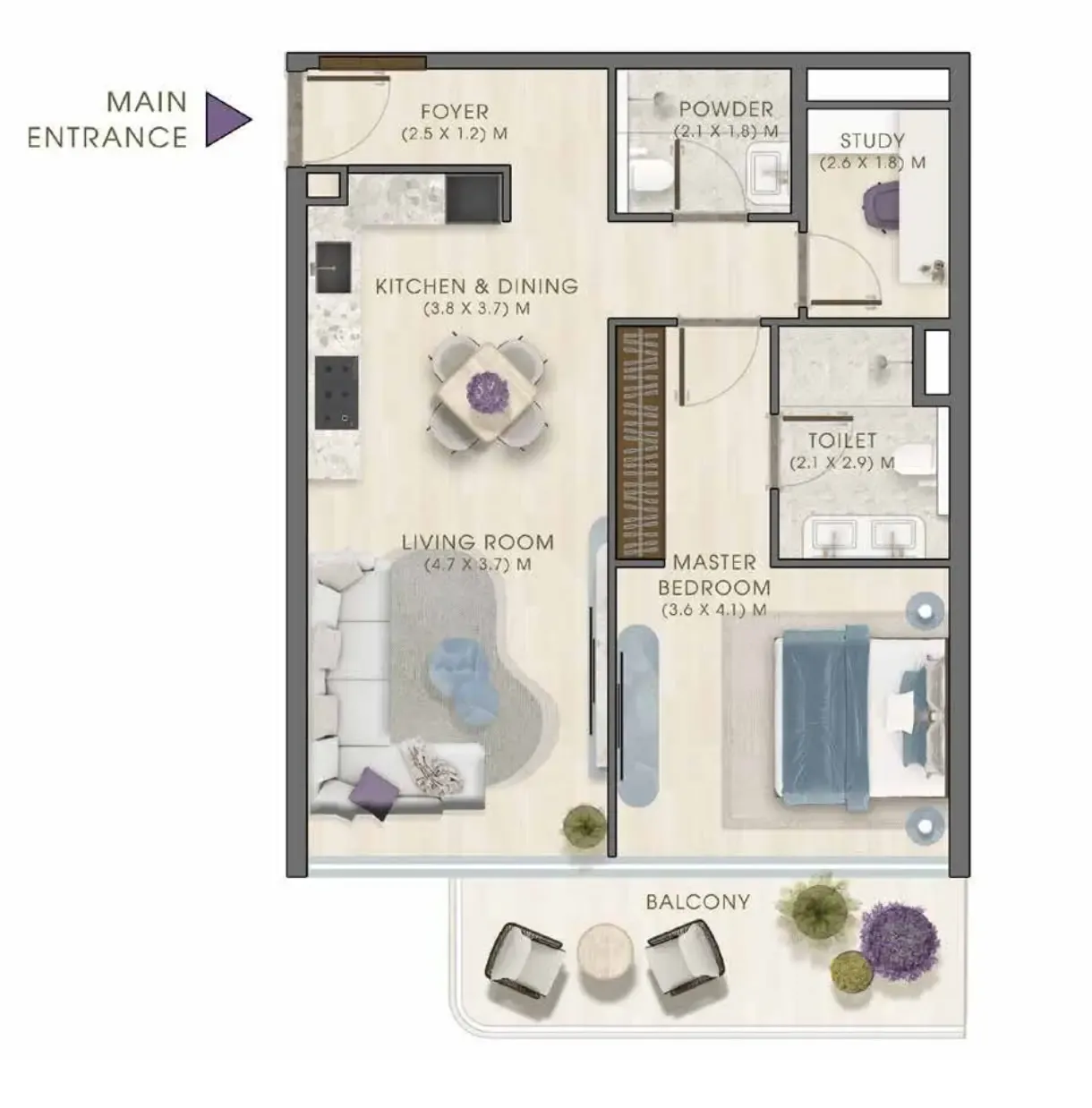 Kaia Residences 1 bed floor plan, 987 – 991 sqft