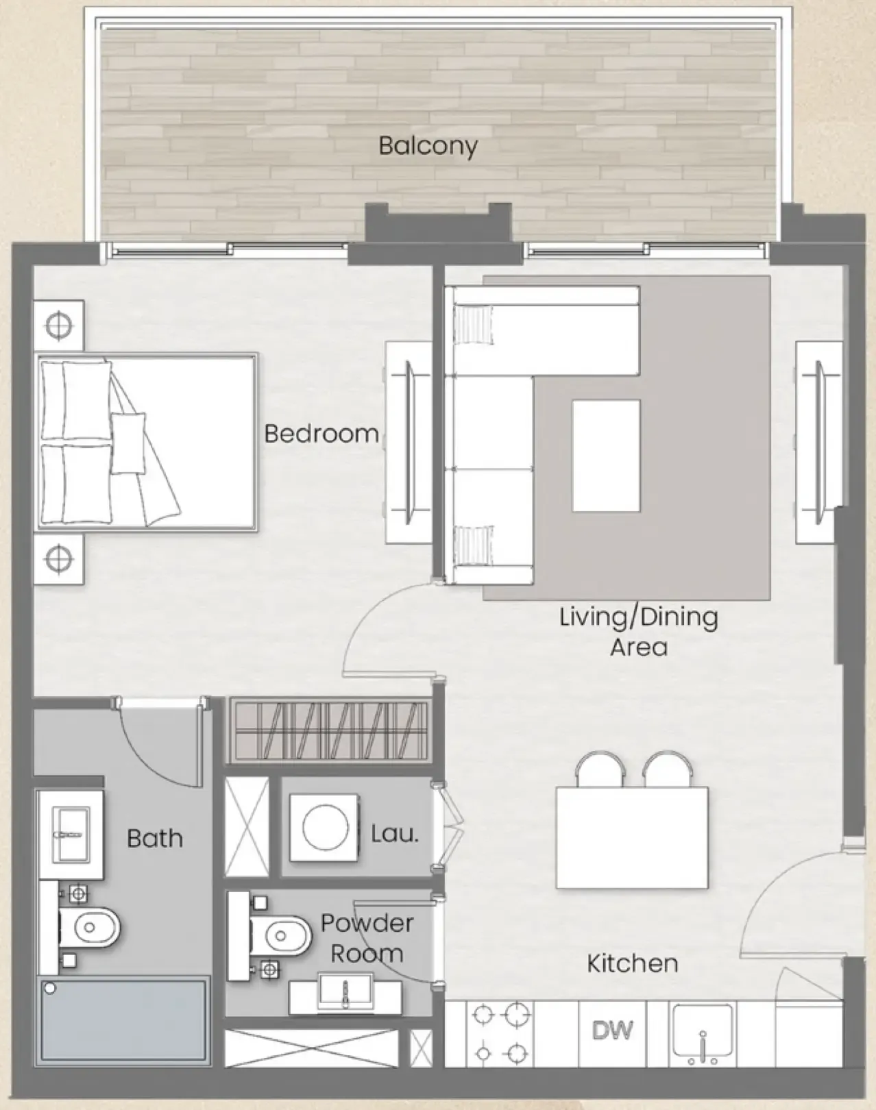 Beverly Park 1 bed floor plan, 734 sqft