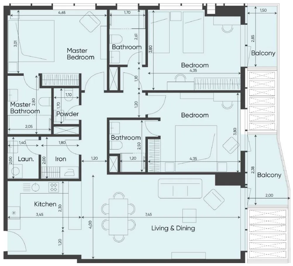 Sea Legend Tower One 3 bed floor plan, 1,530 sqft