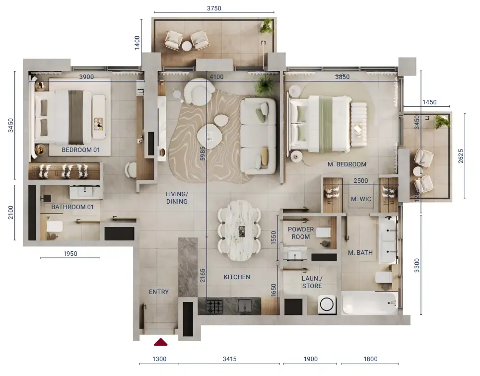 Mirdad 2 bed floor plan, 1,112 sqft