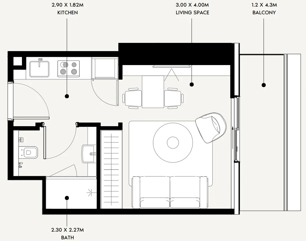 Azizi Milan Studio floor plan, 340 sqft