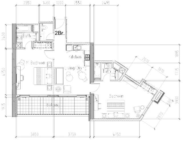 Aykon City Tower 2 bed floor plan, 1,077 sqft