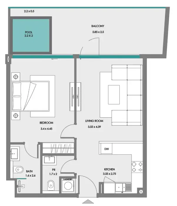 Samana Boulevard Heights 1 bed floor plan, 795 sqft
