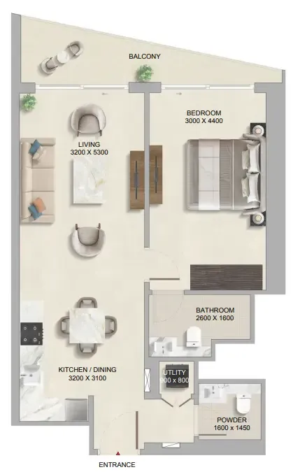 The Tranquil at Sobha Central 1 bed floor plan, 744 sqft