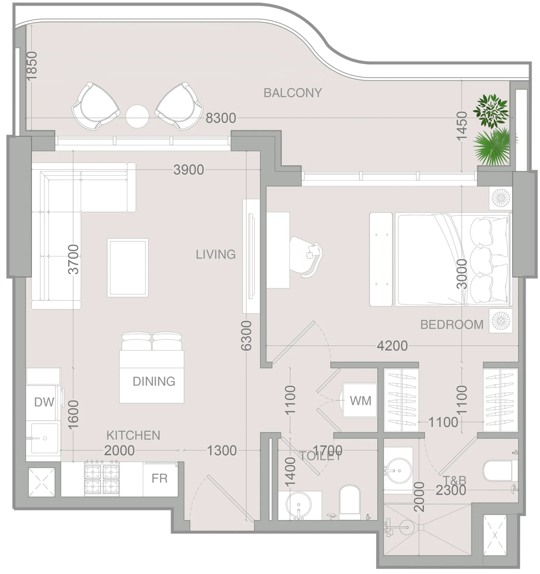 ALTA V1EW 1 bed floor plan, 743 sqft