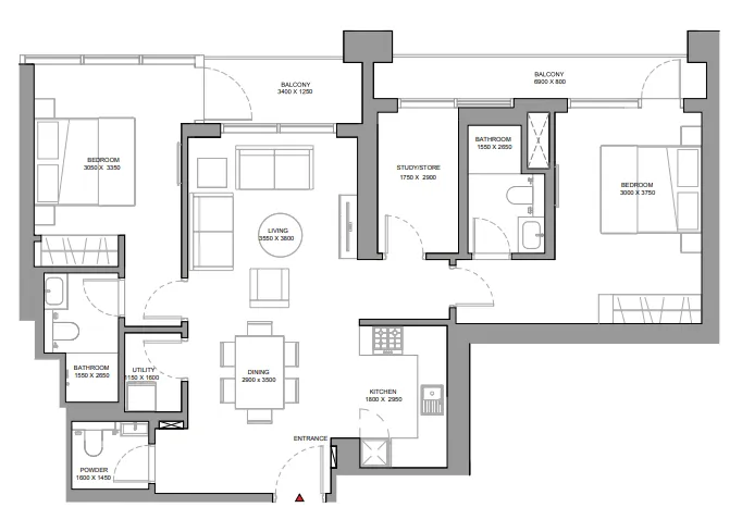Sobha Solis 2 bed floor plan, 1,146 – 1,147 sqft