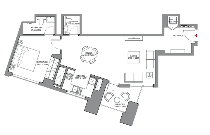 Skyscape 1 bed floor plan, 846 sqft