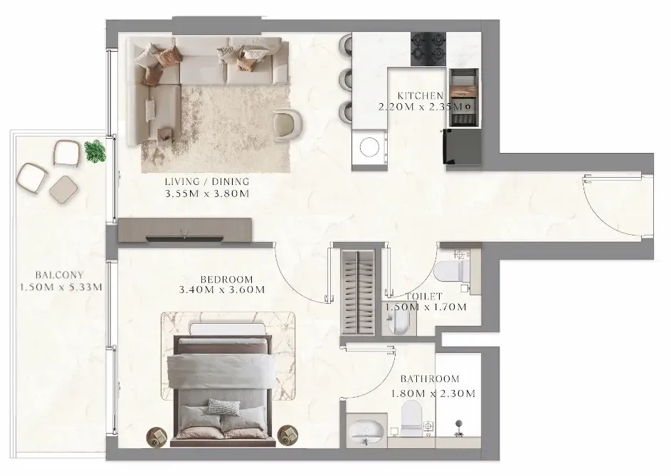 Aum 99 Residences 1 bed floor plan, 634 sqft
