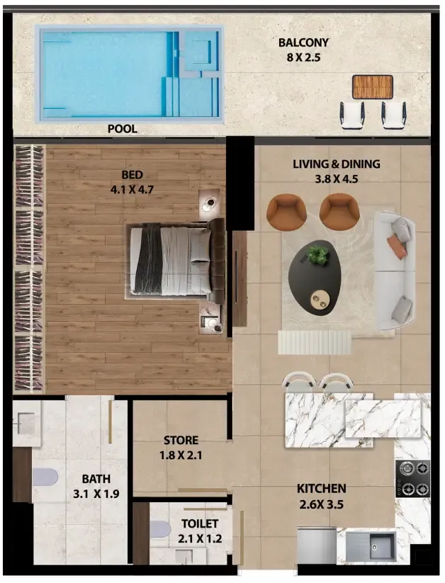 Marquis One 1 bed floor plan, 938 sqft
