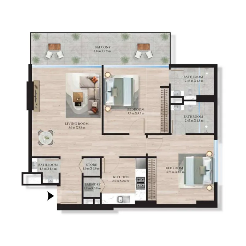 Maas Azurline Residences 2 bed floor plan, 1,018 sqft