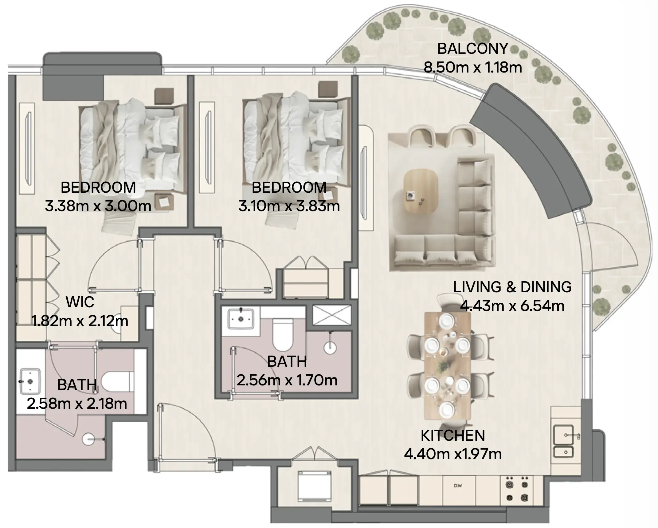 Mirasol II 2 bed floor plan, 1,084 – 1,386 sqft