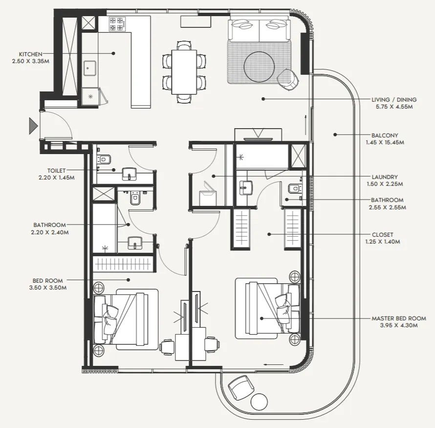 Azizi Amir 2 bed floor plan, 1,412 sqft