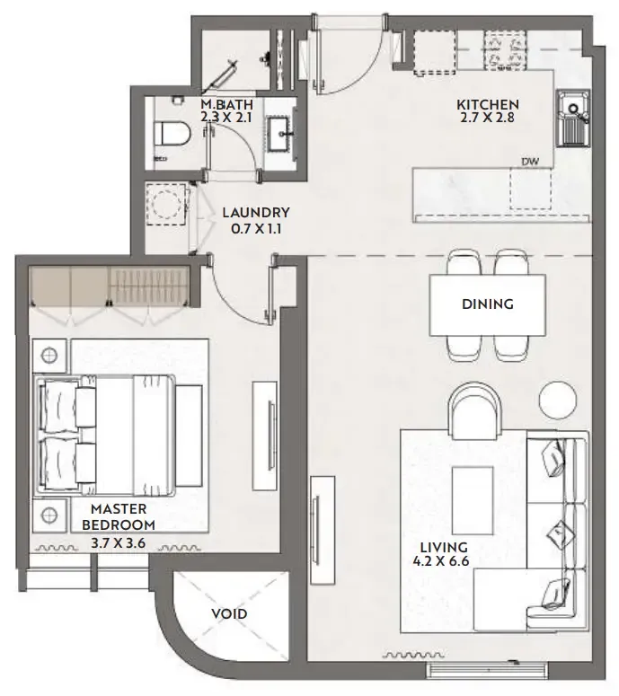 Cello by Taraf 1 bed floor plan, 733 sqft