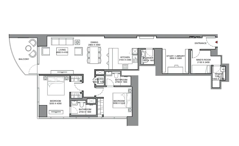 Skyscape 2 bed floor plan, 1,515 sqft