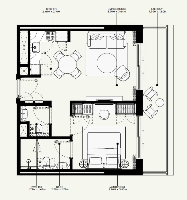 Azizi Venice 1 bed floor plan, 689 sqft