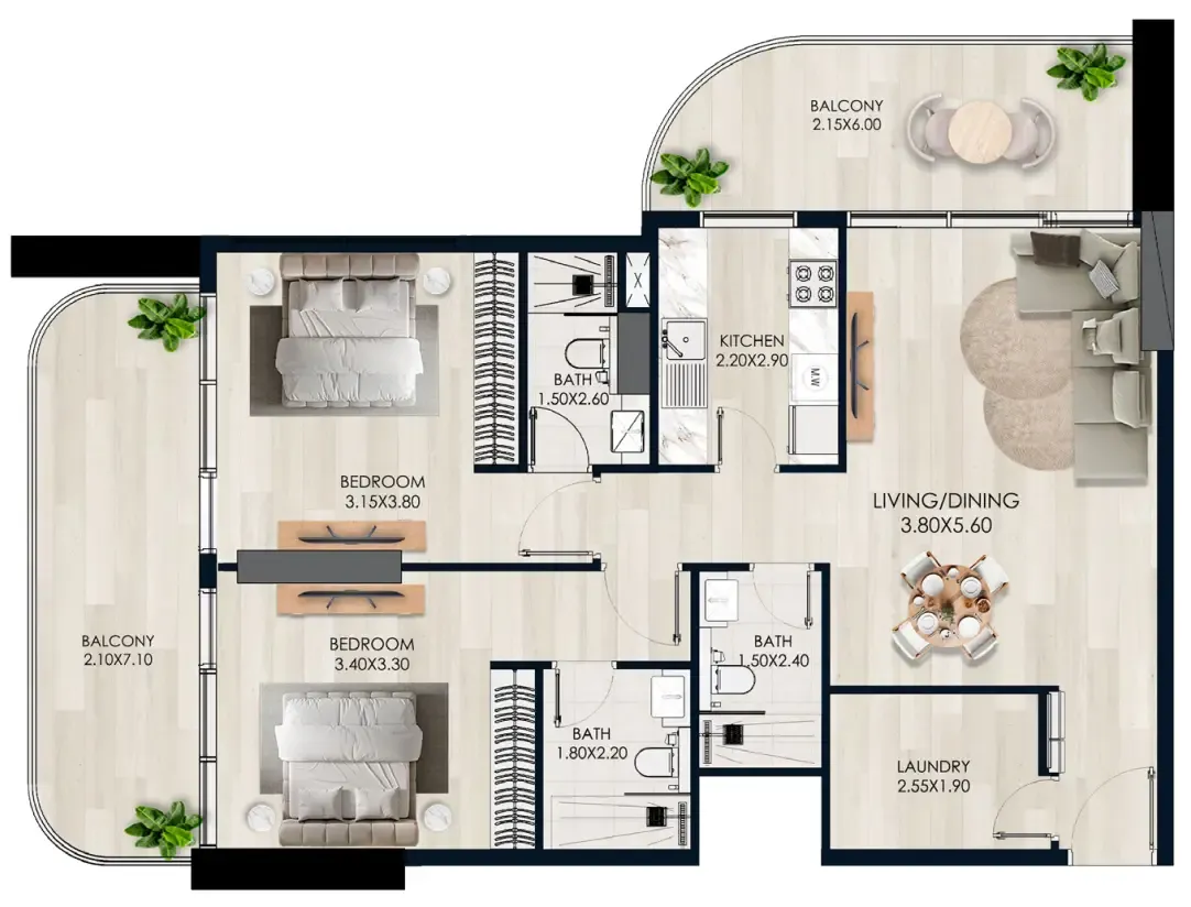 Verde by Vision 2 bed floor plan, 1,243 sqft
