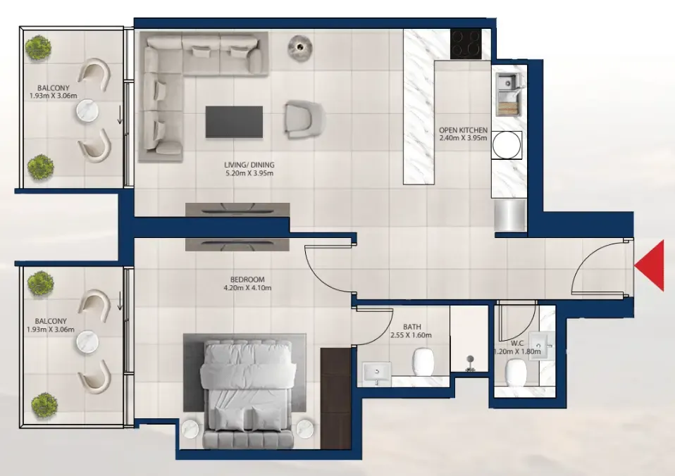 Al Vista 1 bed floor plan, 828 sqft