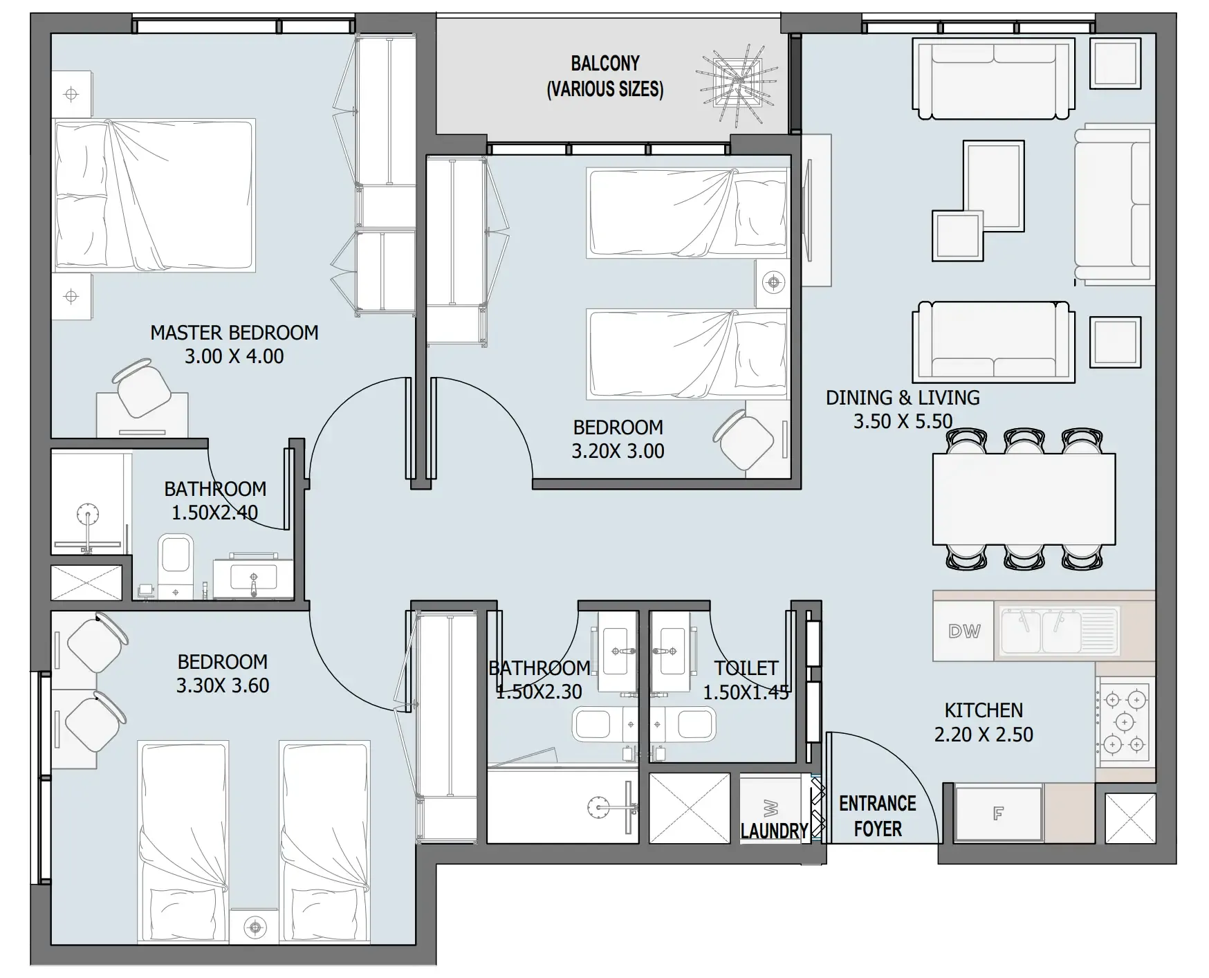 Verdana III 3 bed floor plan, 1,020 sqft