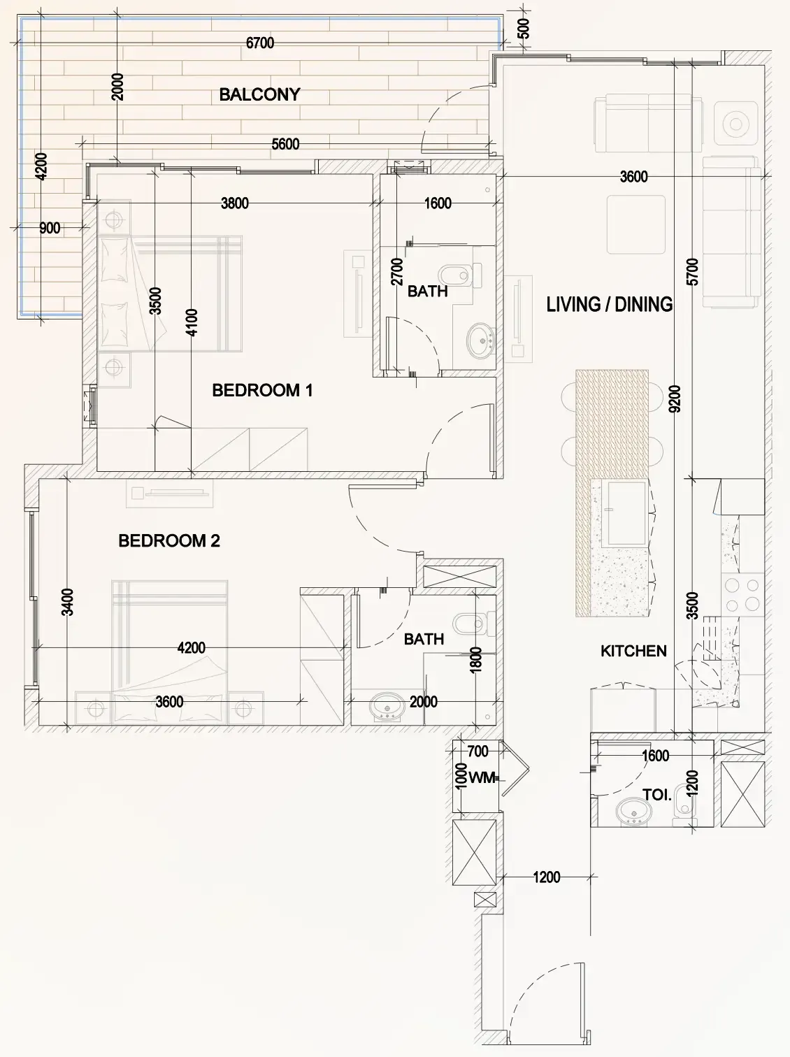 Bling Avenue 1 2 bed floor plan, 1,144 sqft