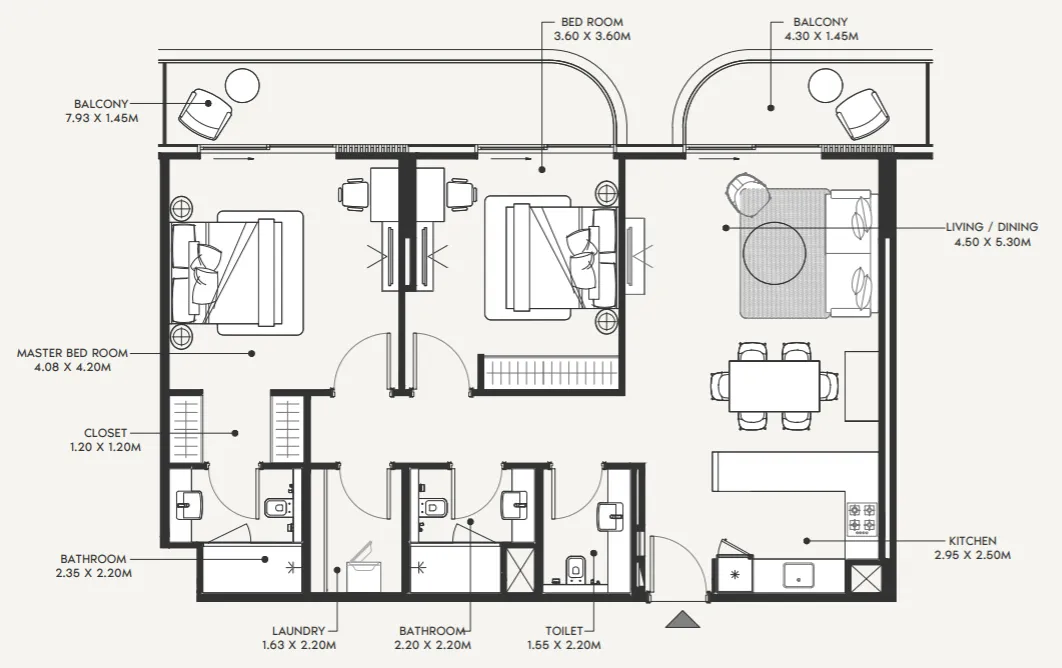 Azizi Amir 2 bed floor plan, 1,277 sqft