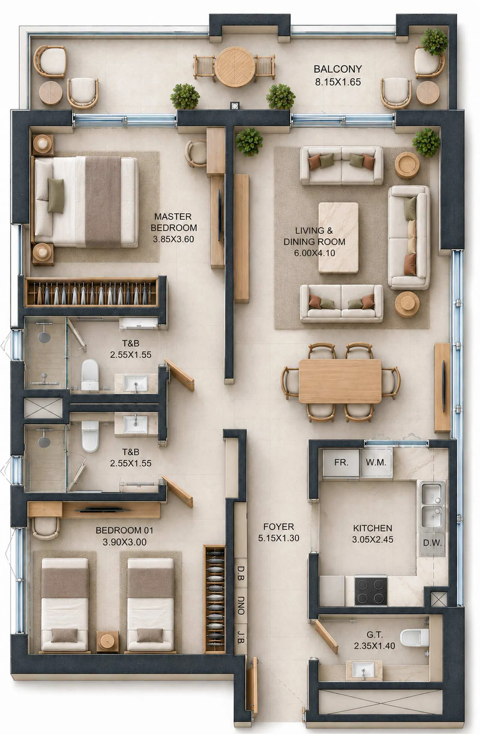 Reeman Residence 02 2 bed floor plan, 1,058 – 1,061 sqft