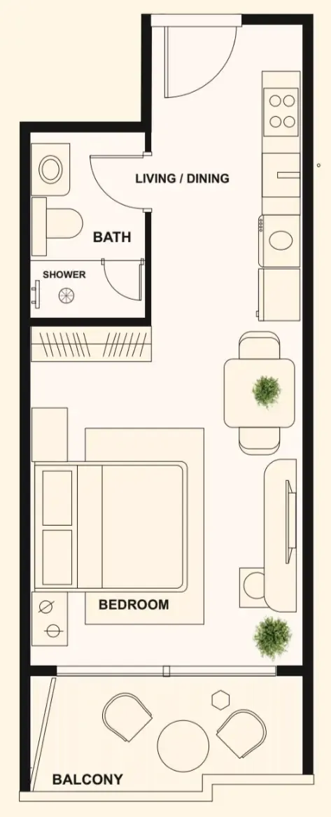The Elysian Studio floor plan, 415 sqft
