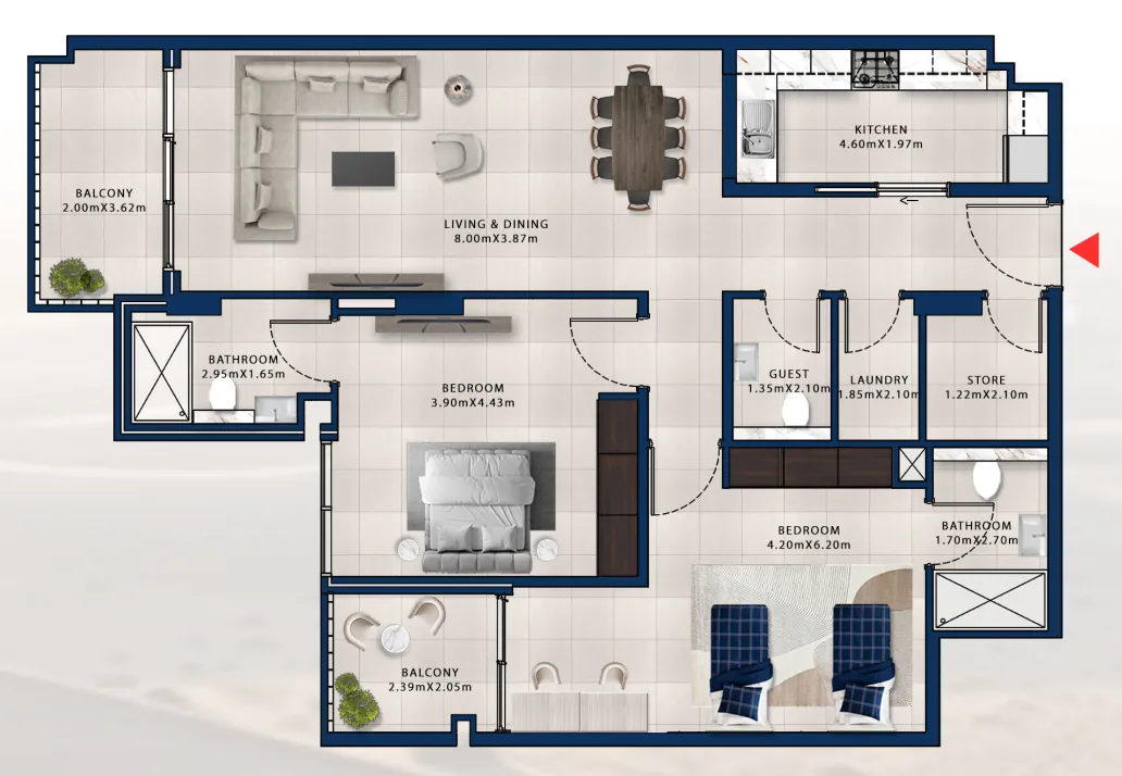 Asayel Avenue 2 bed floor plan, 1,389 sqft