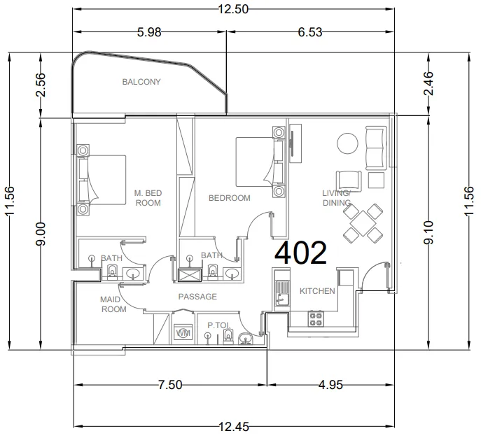 Whitecliffs Residences 2 bed floor plan, 1,263 sqft