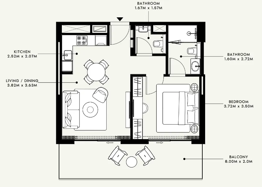 Azizi Venice 1 bed floor plan, 724 sqft
