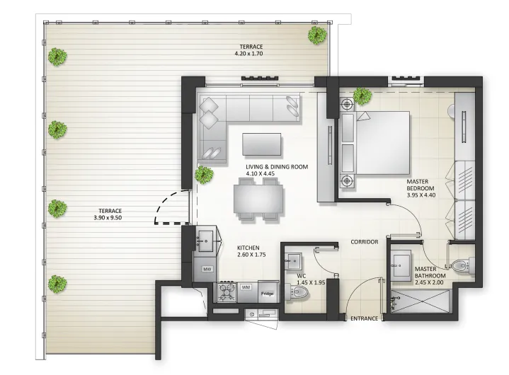 Al Mamsha Sharjah 2 bed floor plan, 880 sqft