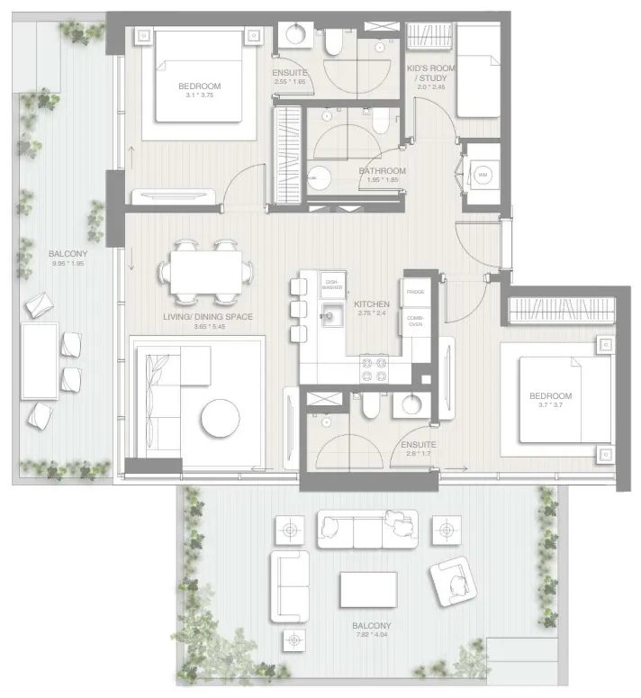 Sol Levante 2 bed floor plan, 1,544 sqft
